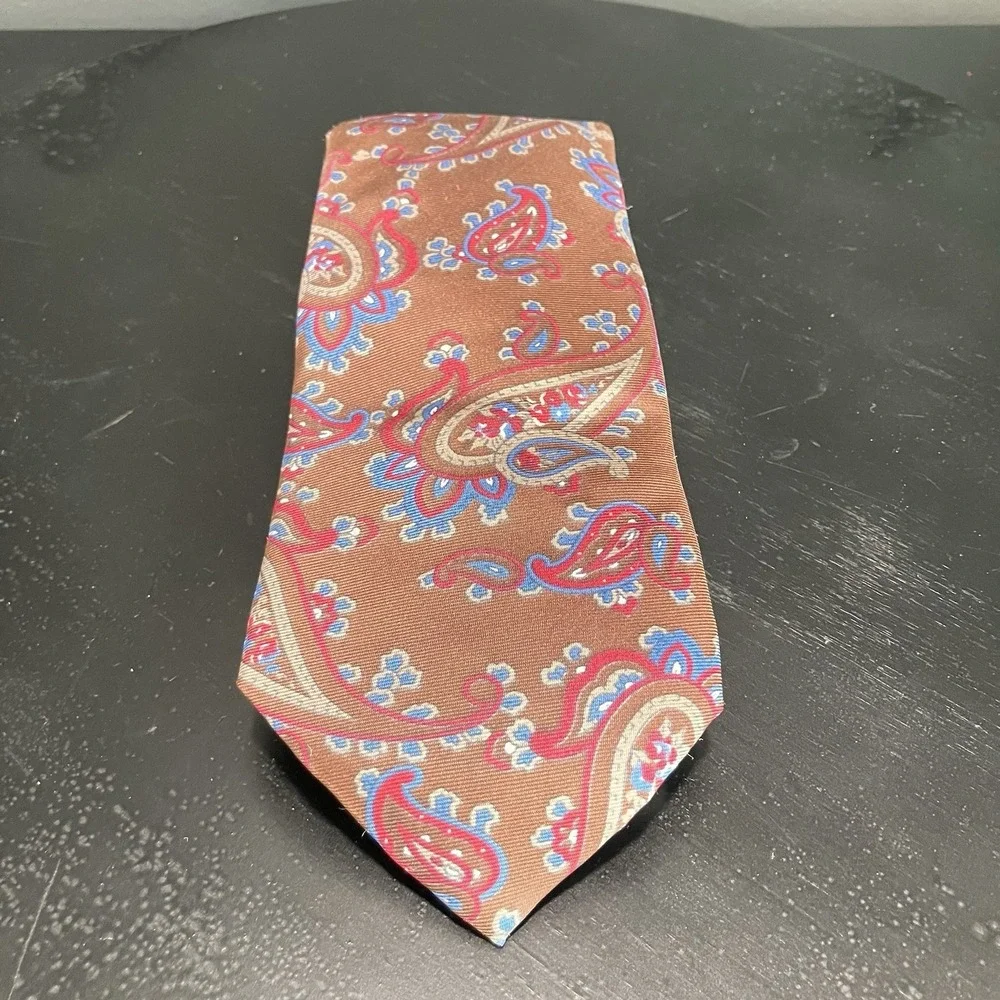Christian Dior 100% Silk Paisley Necktie Brown Red Blue Made USA Woven Italy